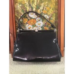 Vintage National Black Patent Leather Kiss Lock Handbag Chic Evening Bag